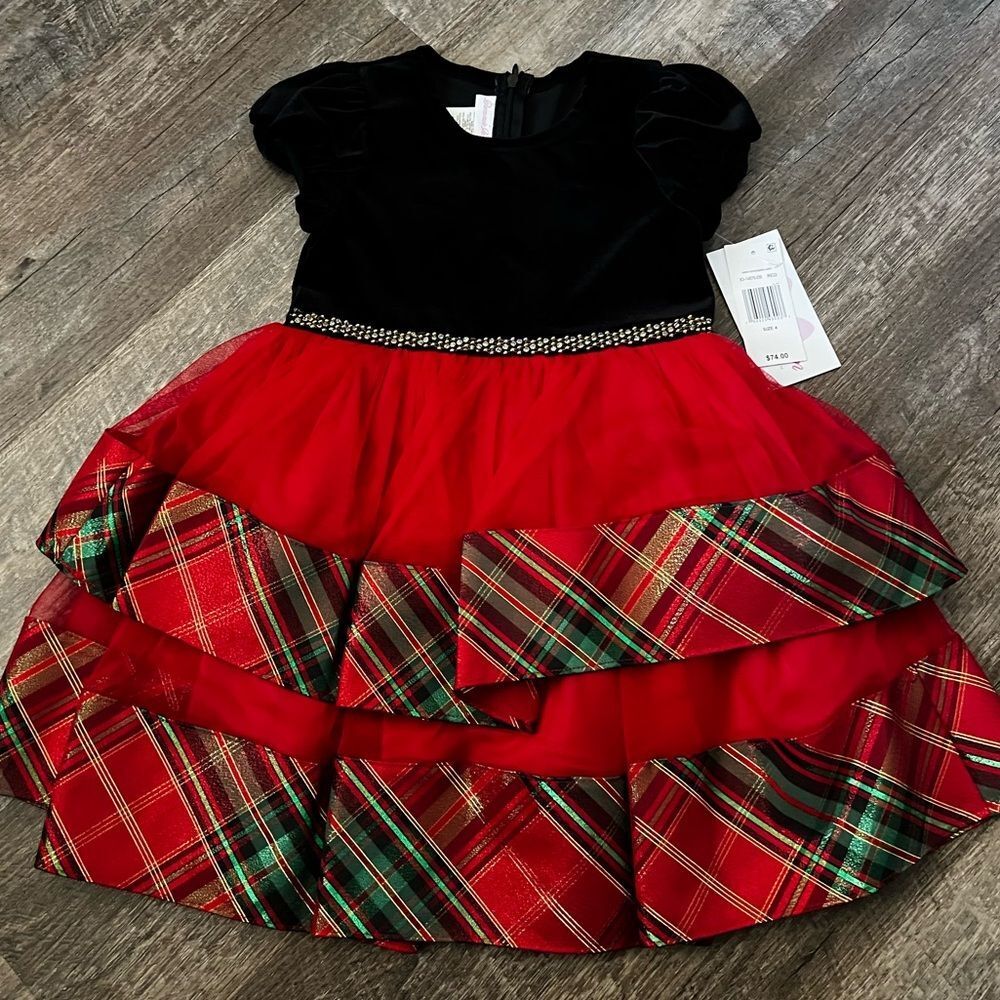 Bonnie Jean Short Sleeve Velvet to Tiered Plaid Dress-Size 4